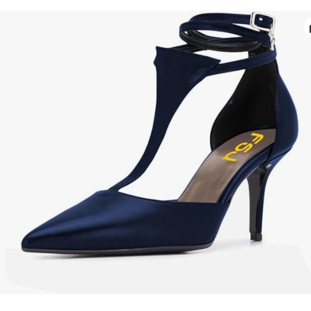 FSJ Navy Pointed Toe D'Orsay T Strap Stiletto Heel Buckle Ankle Straps Pumps